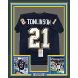 Framed Autographed/Signed LaDainian Tomlinson 33x42 Dark Blue Jersey JSA COA