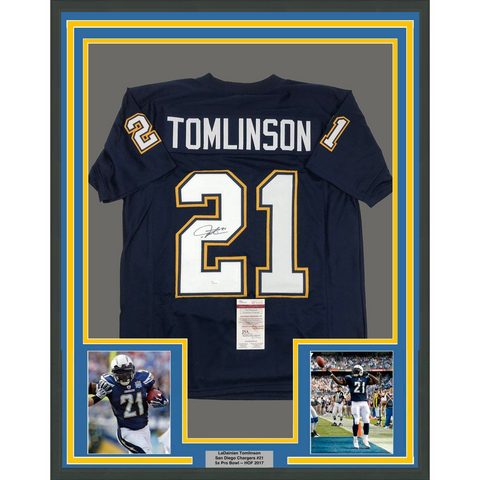 Framed Autographed/Signed LaDainian Tomlinson 33x42 Dark Blue Jersey JSA COA