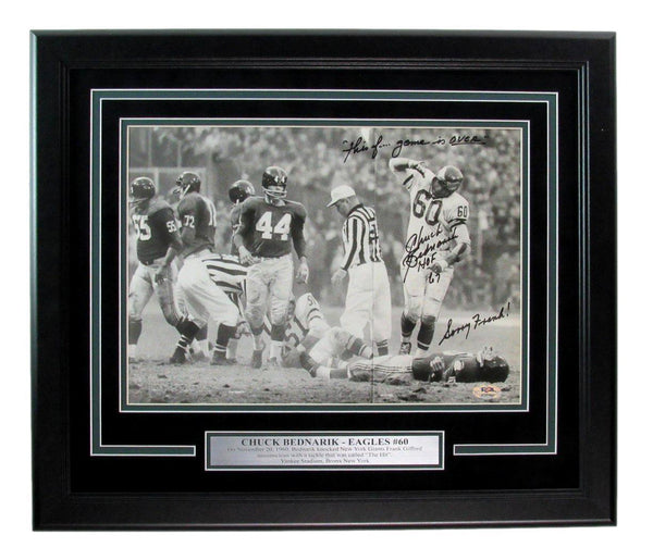 Chuck Bednarik Eagles "Knock Out" Signed 11x14 B/W Photo Framed PSA/DNA 197587