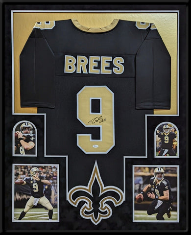 FRAMED IN SUEDE NEW ORLEANS SAINTS DREW BREES AUTOGRAPHED SIGNED JERSEY JSA COA