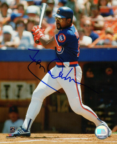 Leon Durham Signed Chicago Cubs Blue Jersey Swinging Action 8x10 Photo -(SS COA)