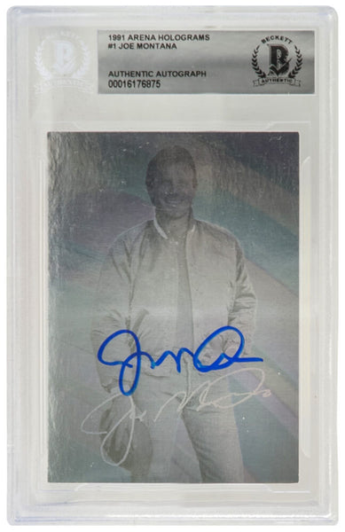 Joe Montana Signed 49ers 1991 Arena Hologram Football Trading Card #1 (Beckett)