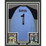 Framed Signed Gianluigi Buffon 35x39 Juventus Blue Jersey BAS COA