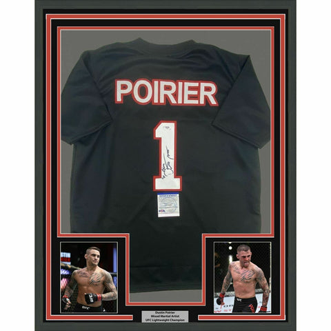 FRAMED Autographed/Signed DUSTIN POIRIER 33x42 UFC Black Jersey PSA/DNA COA
