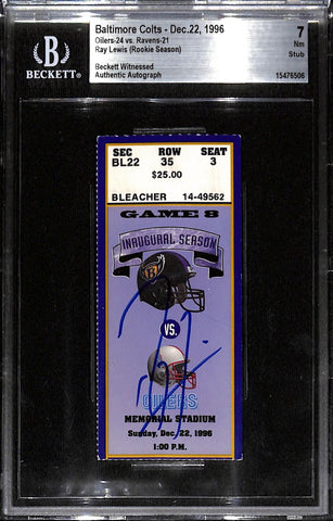 Ray Lewis Signed Baltimore Ravens 12/22/96 Slab Ticket 7 Grade Beckett 37442
