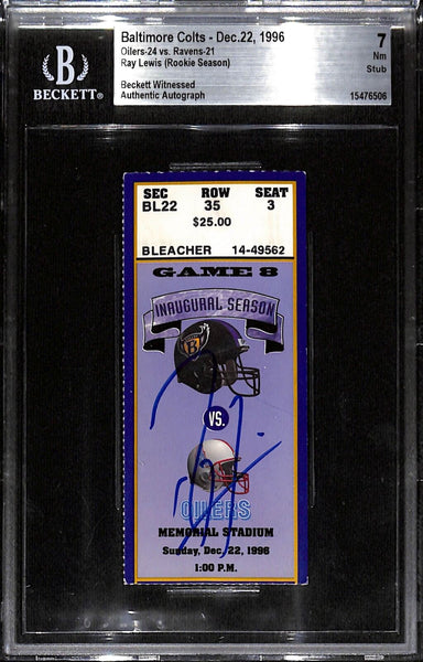 Ray Lewis Signed Baltimore Ravens 12/22/96 Slab Ticket 7 Grade Beckett 37442