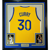 Framed Autographed/Signed Stephen Steph Curry 35x39 Yellow Jersey JSA COA
