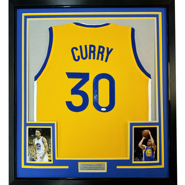 Framed Autographed/Signed Stephen Steph Curry 35x39 Yellow Jersey JSA COA