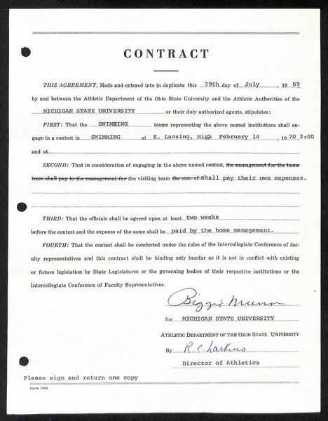 Biggie Munn HOF Michigan State Head Coach Signed/Auto Contract JSA BA199654