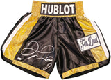 FLOYD MAYWEATHER JR AUTOGRAPHED BLACK & GOLD BOXING TRUNKS JSA STOCK #228781