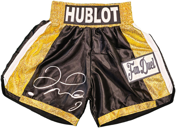 FLOYD MAYWEATHER JR AUTOGRAPHED BLACK & GOLD BOXING TRUNKS JSA STOCK #228781