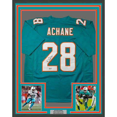 Framed Autographed/Signed De'Von DeVon Achane 33x42 Miami Teal Jersey BAS COA
