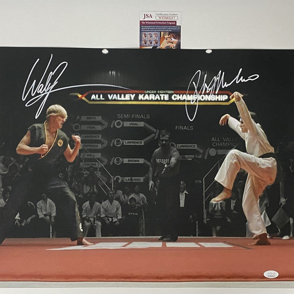 Autographed/Signed WILLIAM ZABKA & RALPH MACCHIO Karate Kid 16x20 Photo JSA COA