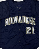 CAL ELDRED Signed Custom Replica Navy Brewers Jersey AUTO - BAS