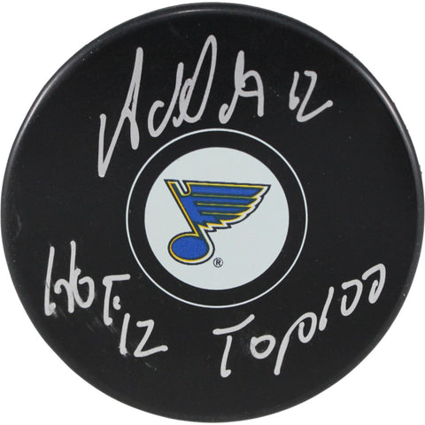 Adam Oates Autographed St Louis Blues Logo Puck NHL Top 100 HOF Beckett 53992