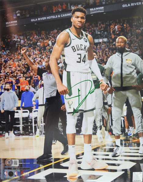 Milw Bucks 2021 NBA Champ GIANNIS ANTETOKOUNMPO Signed 11x14 Photo #1 AUTO - BAS