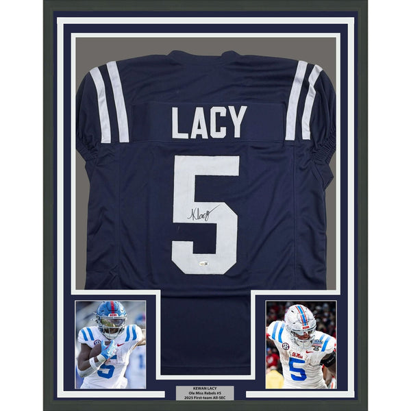 Framed Autographed/Signed Kewan Lacy 35x39 Ole Miss Blue Jersey JSA COA