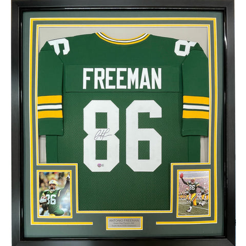 Framed Autographed/Signed Antonio Freeman 33x42 Green Bay Green Jersey BAS COA