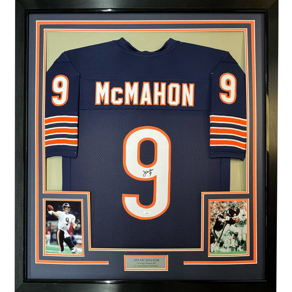Framed Autographed/Signed Jim McMahon 35x39 Chicago Blue Jersey Beckett COA