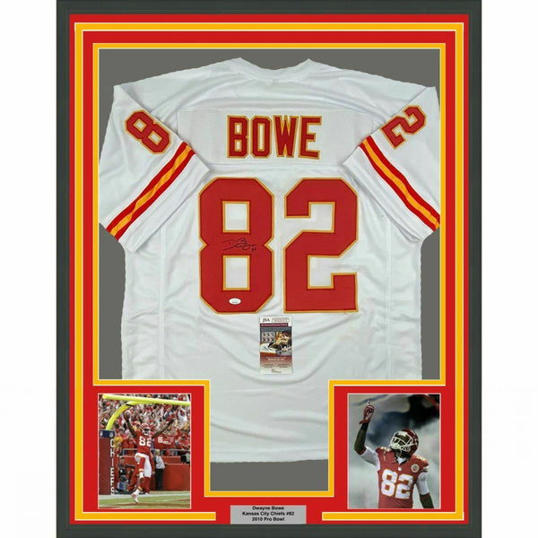 FRAMED Autographed/Signed DWAYNE BOWE 33x42 Kansas City White Jersey JSA COA