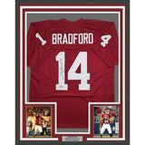 Framed Autographed/Signed Sam Bradford 35x39 Oklahoma Red Jersey BAS COA