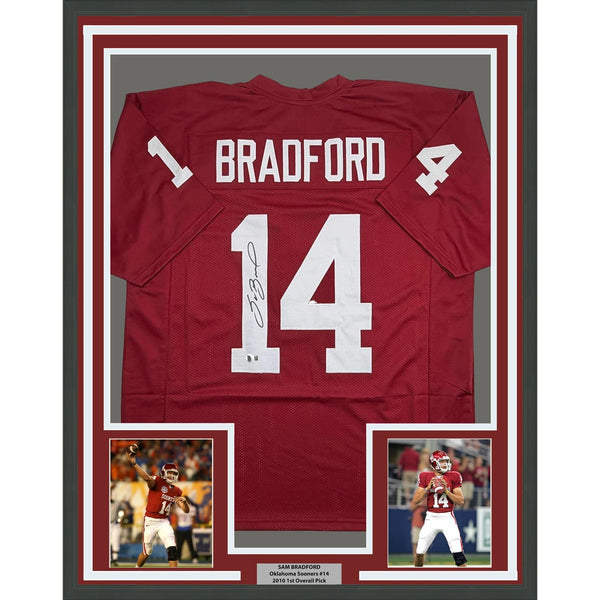 Framed Autographed/Signed Sam Bradford 35x39 Oklahoma Red Jersey BAS COA