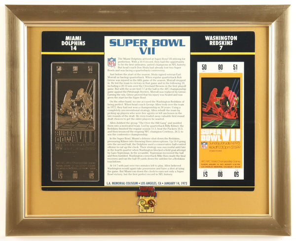1973 Super Bowl VII Framed Commemorative Card w/22KT Gold Ticket Miami Dolphins