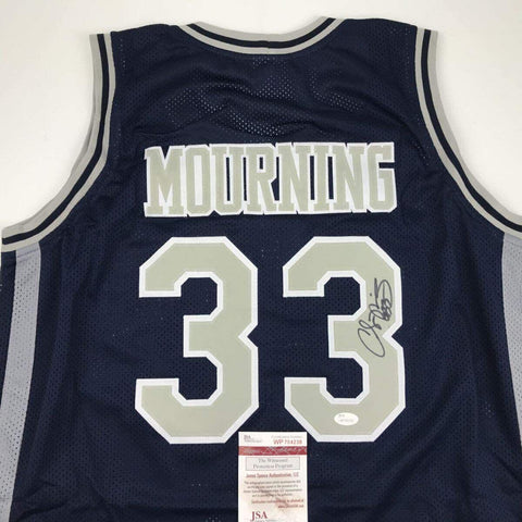 Autographed/Signed Alonzo Mourning Georgetown Blue College Basketball Jersey JSA