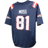 Randy Moss Autographed New England Patriots Nike XL Navy Jersey Beckett 50870