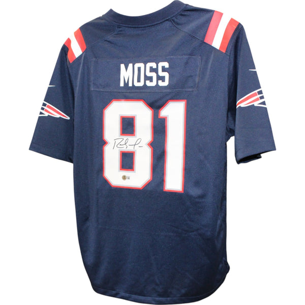 Randy Moss Autographed New England Patriots Nike XL Navy Jersey Beckett 50870