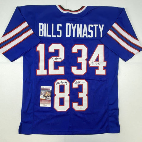 Autographed/Signed Jim Kelly Thurman Thomas Andre Reed Dynasty Jersey JSA COA