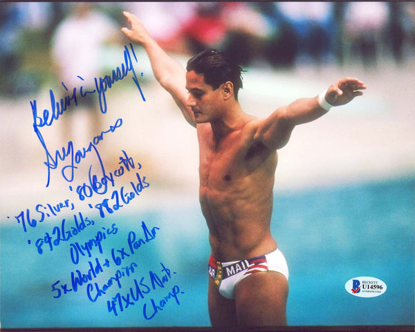 Greg Louganis Summer Olympics "9x Insc" Signed 8x10 Horizontal Photo BAS #U14596
