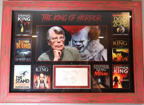 Stephen King Autographed Index Card in Framed "The King of Horror" Collage