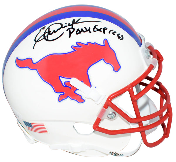 ERIC DICKERSON SIGNED SMU MUSTANGS WHITE MINI HELMET W/ PONY EXPRESS