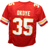 Christian Okoye Autographed/Signed Pro Style Red Jersey Beckett 43432