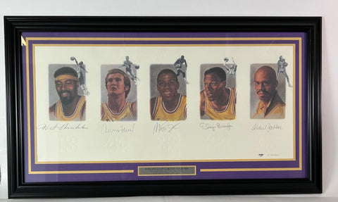 LA Lakers Legends Wilt, West, Magic, Baylor, Kareem 5-Signature Litho PSA LOA