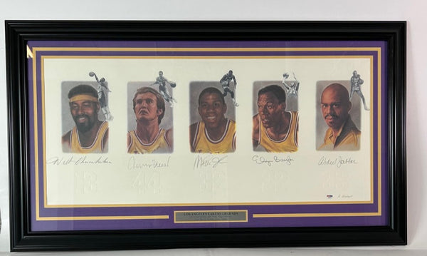 LA Lakers Legends Wilt, West, Magic, Baylor, Kareem 5-Signature Litho PSA LOA