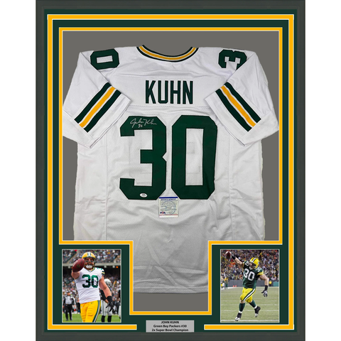 Framed Autographed/Signed John Kuhn 33x42 Green Bay White Jersey PSA/DNA COA