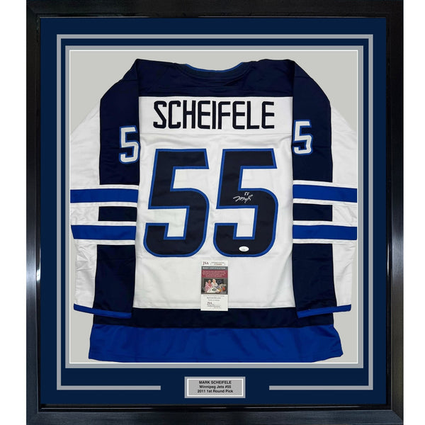 Framed Signed Mark Scheifele 35x39 Winnipeg White Jersey JSA COA