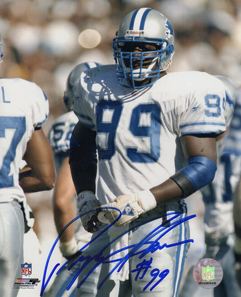 Pepper Johnson Signed Lions White Jersey Close Up 8x10 Photo - (SCHWARTZ COA)