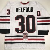 Autographed/Signed ED BELFOUR Chicago White Hockey Jersey JSA COA Auto