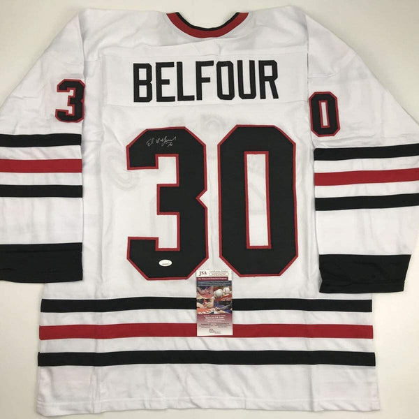 Autographed/Signed ED BELFOUR Chicago White Hockey Jersey JSA COA Auto