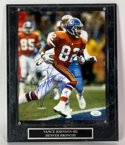 Vance Johnson Autographed 8x10 Photo Inscribed "God Bless" with Plaque JSA COA