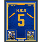 Framed Autographed/Signed Joe Flacco 35x39 Delaware Blue Jersey JSA COA