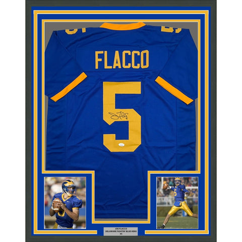 Framed Autographed/Signed Joe Flacco 35x39 Delaware Blue Jersey JSA COA
