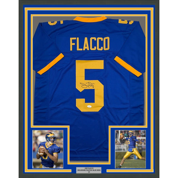 Framed Autographed/Signed Joe Flacco 35x39 Delaware Blue Jersey JSA COA