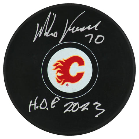 Mike Vernon Signed Calgary Flames Logo Hockey Puck w/HOF 2023 - (SCHWARTZ COA)