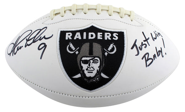 Raiders Shane Lechler Just Win Baby Signed White Panel Logo Football BAS Witness