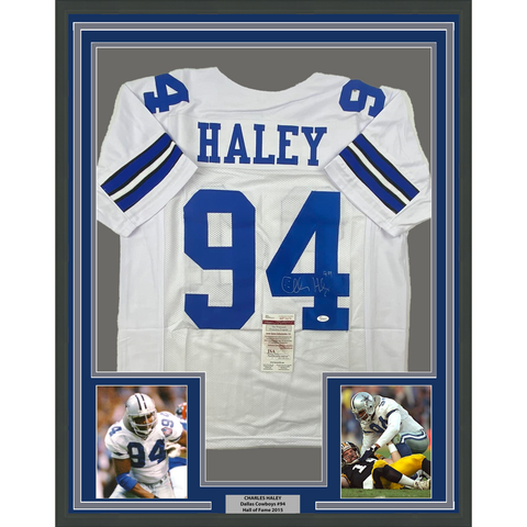 Framed Autographed/Signed Charles Haley 33x42 Dallas White Jersey JSA COA