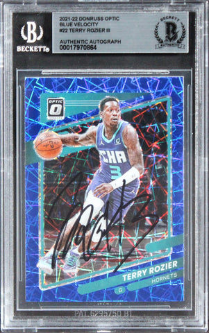 Hornets Terry Rozier III Signed 2021 Donruss Optic Blue Vel #22 Card BAS Slabbed
